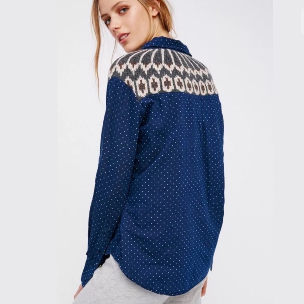 Sage Button Down Navy/White PolkaDots & Knit Inset